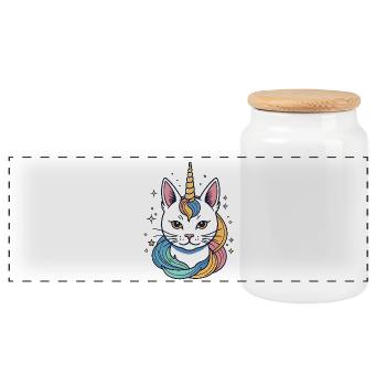 Chat Licorne Arc-en-Ciel - Boîte à biscuits avec couvercle en bois - blanc - Devant