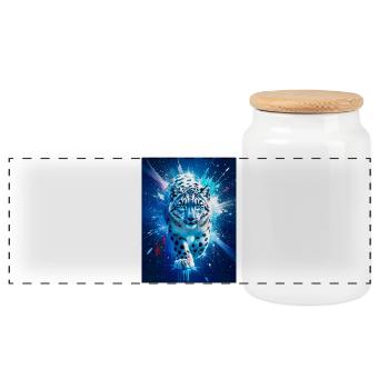 Ein Schneeleopard leuchtet inmitten eines eisblauen und silbernen Sterns - Panorama Keksdose mit Holzdeckel - Weiß - Vorne