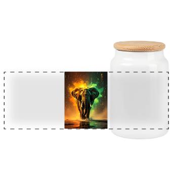 Ein majestätischer Elefant leuchtet in strahlendem Orange, Gold, - Panorama Keksdose mit Holzdeckel - Weiß - Vorne