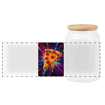 Melting cheese pizza slice glowing in a burst  - Panoramic Cookie Jar with Wooden Lid - white - Front