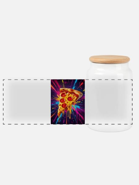 Schmelzendes Käse-Pizzastück, das in einem Ausbruch glüht - Panorama Keksdose mit Holzdeckel - Weiß