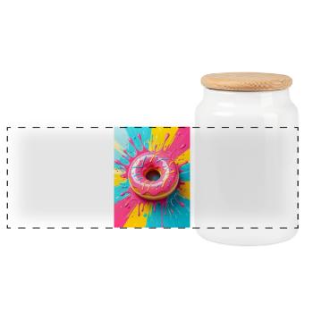 Glänzender rosa Donut, der in süßer Pop-Art-Farbe leuchtet - Panorama Keksdose mit Holzdeckel - Weiß - Vorne