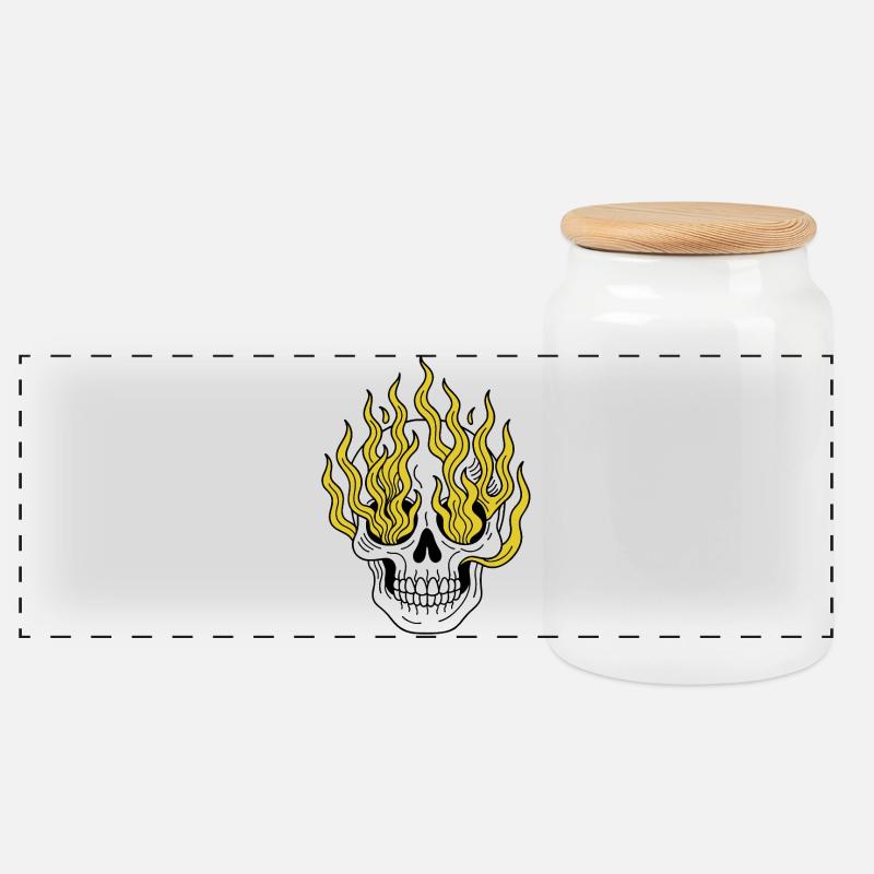 Totenkopf Tattoo flammend - Panorama Keksdose mit Holzdeckel - Weiß