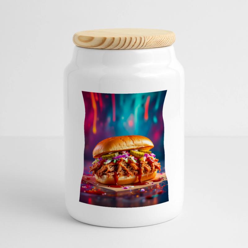 Juicy pulled pork burger surrounded by explosive Panoramic Cookie Jar with Wooden Lid