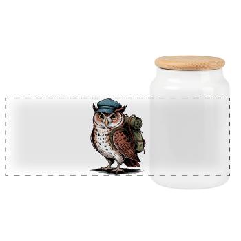 Wandering owl with backpack - Panoramic Cookie Jar with Wooden Lid - white - Front