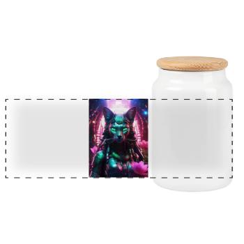 Bastet – Keeper of Peace - Panoramic Cookie Jar with Wooden Lid - white - Front