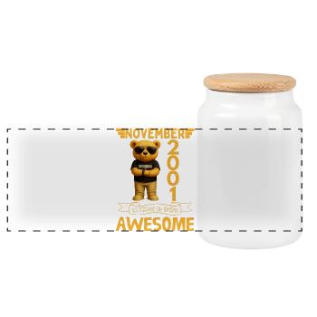 Teddybär 24 Jahre alt November 2001 - Panorama Keksdose mit Holzdeckel - Weiß - Vorne