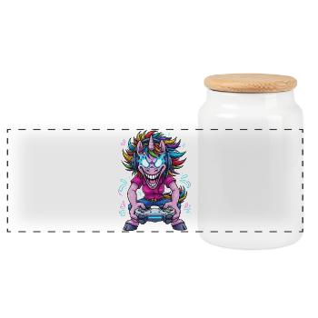 Neon Unicorn Gaming mit Kopfhörern - Panorama Keksdose mit Holzdeckel - Weiß - Vorne