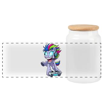 Funkelnder Gaming Pegasus mit Kopfhörer - Panorama Keksdose mit Holzdeckel - Weiß - Vorne