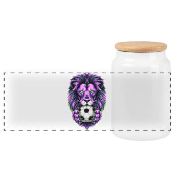 Neon lion with soccer ball - Panoramic Cookie Jar with Wooden Lid - white - Front