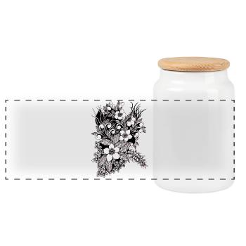 Black Floral Ornamental Flowers Pattern - Panoramic Cookie Jar with Wooden Lid - white - Front