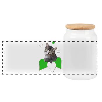Katzenliebe getigerte Katze grünen Herzen - Panorama Keksdose mit Holzdeckel - Weiß - Vorne