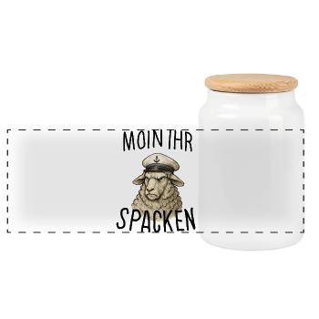 Kapitänslamm Moin ihr Spacken - Panorama Keksdose mit Holzdeckel - Weiß - Vorne