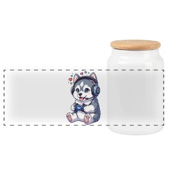 Gaming Husky with Headphones Gamer Dog - Panoramic Cookie Jar with Wooden Lid - white - Front