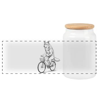 Wolf Cyclist on Bike - Panoramic Cookie Jar with Wooden Lid - white - Front