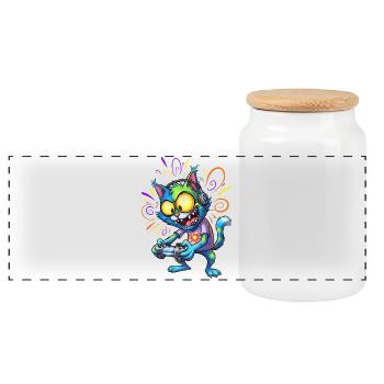 Neon Cat Gamer with Headphones Gaming Cat - Panoramic Cookie Jar with Wooden Lid - white - Front