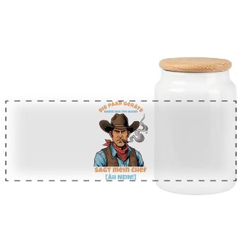 Western Cowboy mit Zigarre wiederspricht dem Chef - Panorama Keksdose mit Holzdeckel - Weiß - Vorne