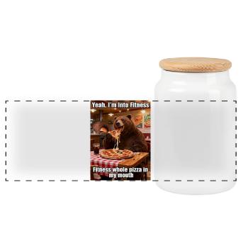 Bear and Pizza Fitness Meme - Panoramic Cookie Jar with Wooden Lid - white - Front