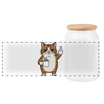 Genervte Katze mit Kaffee und Mittelfinger Cartoon - Panorama Keksdose mit Holzdeckel - Weiß - Vorne