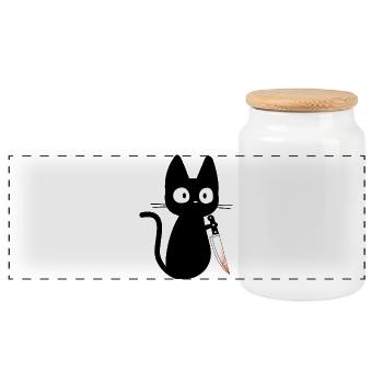 Cat with Knife Humor Gift Idea - Panoramic Cookie Jar with Wooden Lid - white - Front