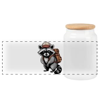 Raccoon adventurer with backpack - Panoramic Cookie Jar with Wooden Lid - white - Front
