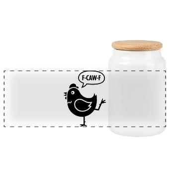 Cheeky cartoon chicken with F-CAW-F speech bubble - Panoramic Cookie Jar with Wooden Lid - white - Front