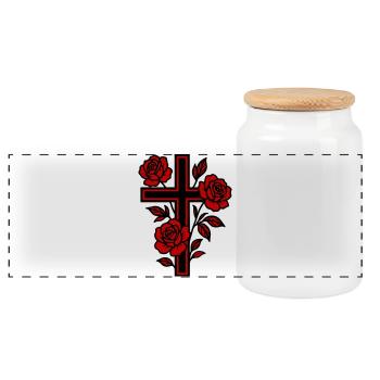 Cross Symbol Flowers - Panoramic Cookie Jar with Wooden Lid - white - Front