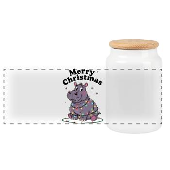 Hippopotamus Christmas Africa Zoo Merry Christmas - Panoramic Cookie Jar with Wooden Lid - white - Front