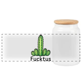 Lustige Kaktus-Wortspiel-Illustration – "Fucktus" - Panorama Keksdose mit Holzdeckel - Weiß - Vorne