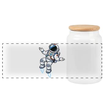 Schwebender Comic Astronaut mit Raketenantrieb - Panorama Keksdose mit Holzdeckel - Weiß - Vorne