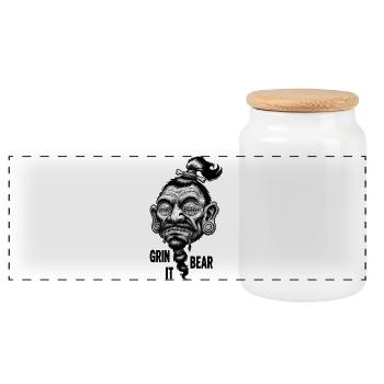 Grin 'and' Bear It – Dark Comic Tribal Skull Art - Panoramic Cookie Jar with Wooden Lid - white - Front