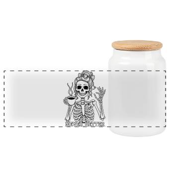 Funny skeleton drinking coffee - Panoramic Cookie Jar with Wooden Lid - white - Front
