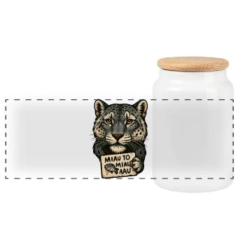 Leopard with Shield Meow Sign - Panoramic Cookie Jar with Wooden Lid - white - Front