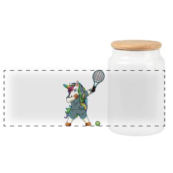 Dabbing Tennis Unicorn Cute Magical Athlete Gift - Panoramic Cookie Jar with Wooden Lid - white - Front
