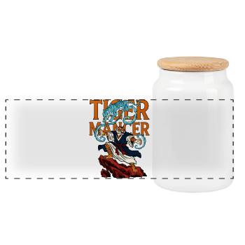 Tiger Mancer Mystic Warrior with Spirit Tiger - Panoramic Cookie Jar with Wooden Lid - white - Front