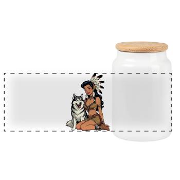 Femme indienne avec un chien husky - Boîte à biscuits avec couvercle en bois - blanc - Devant