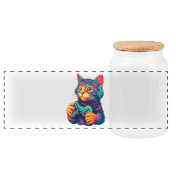 Funny Cat Gaming Gamer - Panoramic Cookie Jar with Wooden Lid - white - Front