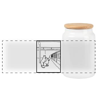 Cats Train Station Waiting Line Art - Panoramic Cookie Jar with Wooden Lid - white - Front