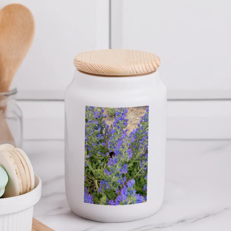 Lilac Blossoms Bee-Friendly Pattern Panoramic Cookie Jar with Wooden Lid
