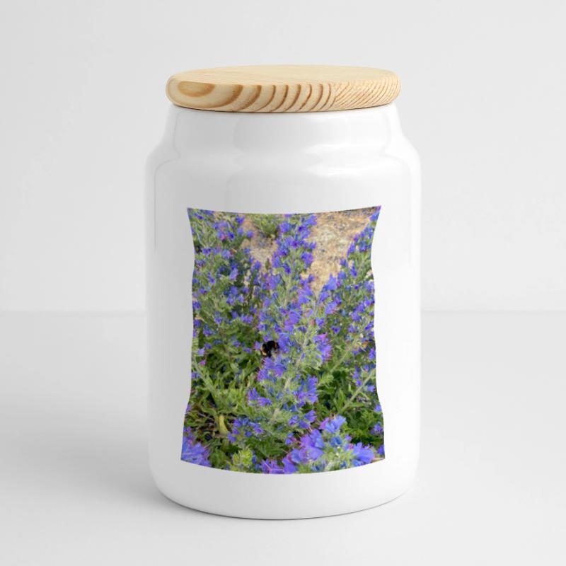 Lilac Blossoms Bee-Friendly Pattern Panoramic Cookie Jar with Wooden Lid