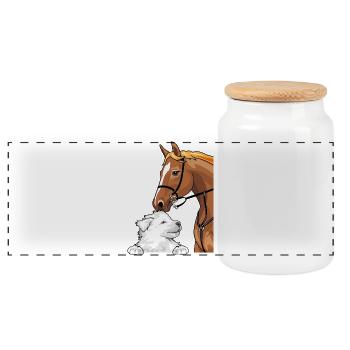 White Swiss Shepherd puppy and red horse - Panoramic Cookie Jar with Wooden Lid - white - Front