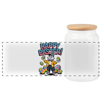 Happy Easter bunny with colorful eggs - Panoramic Cookie Jar with Wooden Lid - white - Front
