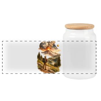 Hikers in front of erupting volcano and strange world - Panoramic Cookie Jar with Wooden Lid - white - Front
