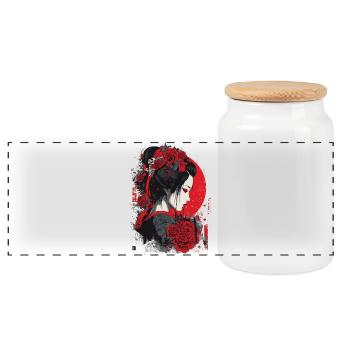 Geisha mit roten Rosen - Panorama Keksdose mit Holzdeckel - Weiß - Vorne