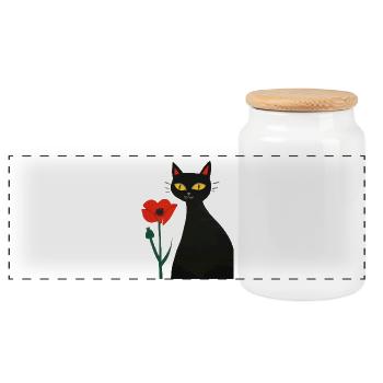 Schwarze Katze mit Mohnblumen - Panorama Keksdose mit Holzdeckel - Weiß - Vorne