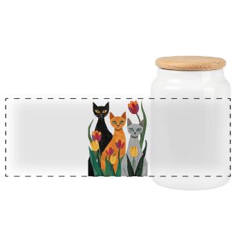 Trois chats stylisés : noir, gris, orange - Boîte à biscuits avec couvercle en bois - blanc - Devant