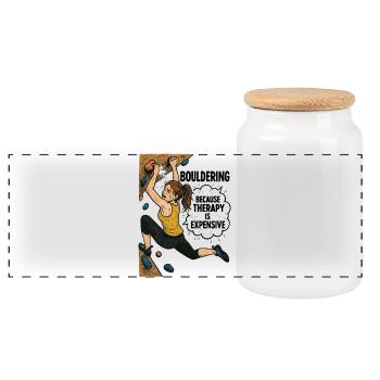 Bouldering instead of therapy – Funny climbing shirt - Panoramic Cookie Jar with Wooden Lid - white - Front