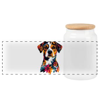 Bunter Hund mit Blumenmustern Hunde Sommeroutfit - Panorama Keksdose mit Holzdeckel - Weiß - Vorne