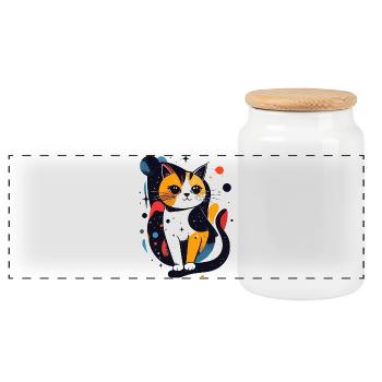 Pop-Art Katze Katzenkosmos digitale Kunst Motiv - Panorama Keksdose mit Holzdeckel - Weiß - Vorne