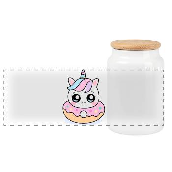 Einhorn-Donut Kawaii – Süßes Valentinsgeschenk - Panorama Keksdose mit Holzdeckel - Weiß - Vorne